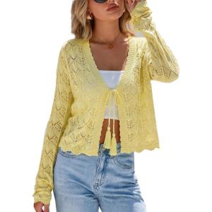 Arach&Cloz Women’s Cropped Cardigan Linen Blend Crochet Tie Front Lightweight Summer Beach Shrug(Yellow)