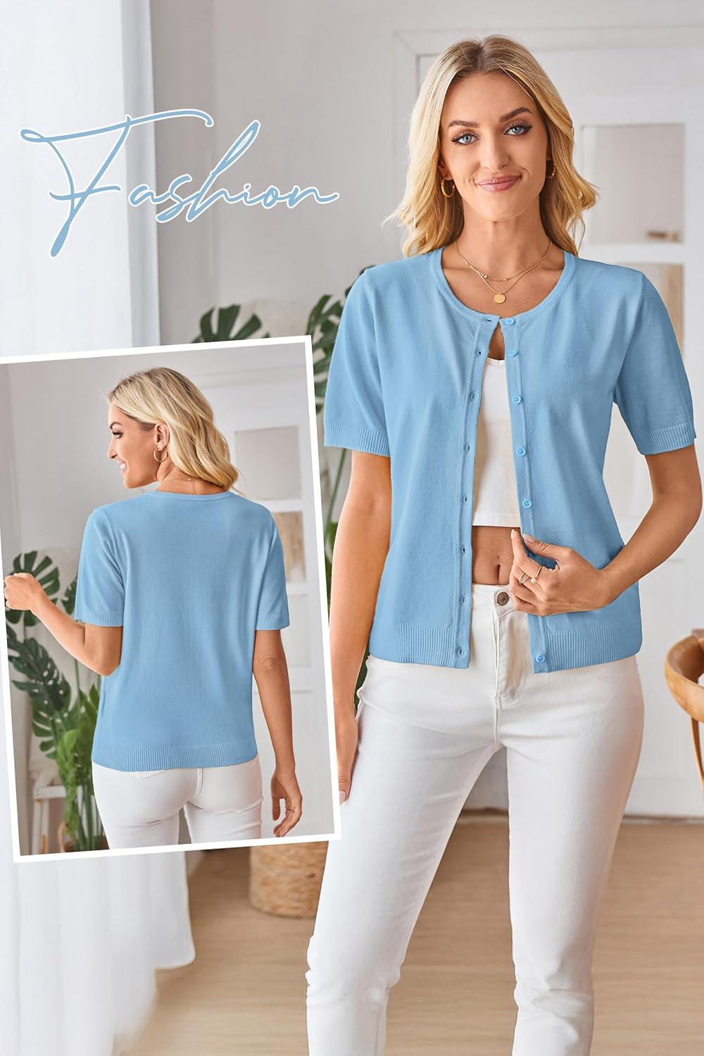 imageArachampCloz Womens Wool Blend Cropped Lightweight Short Sleeve Business Casual Cardigan TopsLight Blue