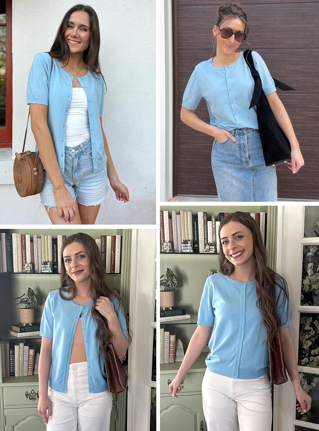 imageArachampCloz Womens Wool Blend Cropped Lightweight Short Sleeve Business Casual Cardigan TopsLight Blue