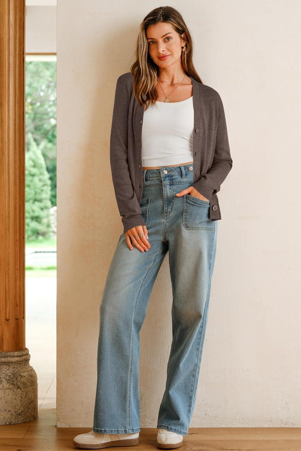 imageArachampCloz Womens Wool Blend Lightweight Summer Business Casual Cardigan Sweaters TopsCoffee