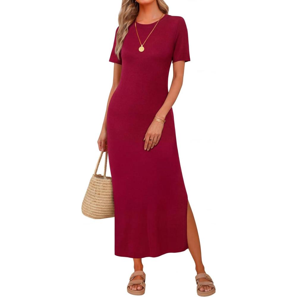 imageArachampCloz Womens Wool Blend Lightweight Spring Casual T Shirts Maxi Dress 2026Burgundy