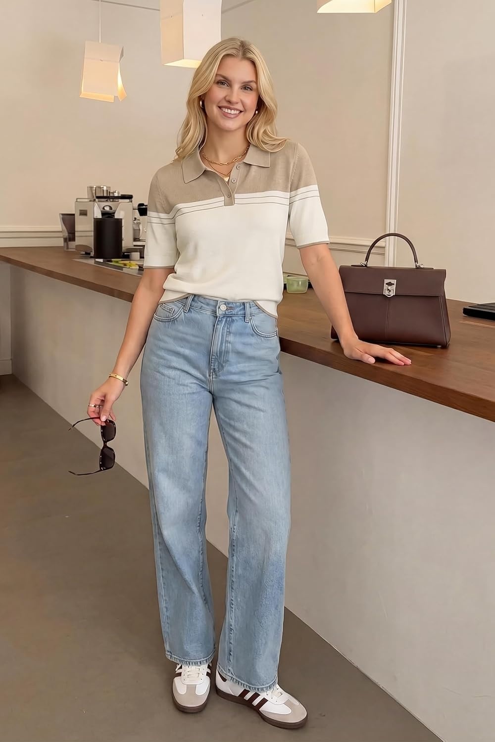 imageArachampCloz Womens Wool Blend Summer Short Sleeve Cropped Color Block Polo Collar Business Casual Pullover Sweater 2026White Oatmeal