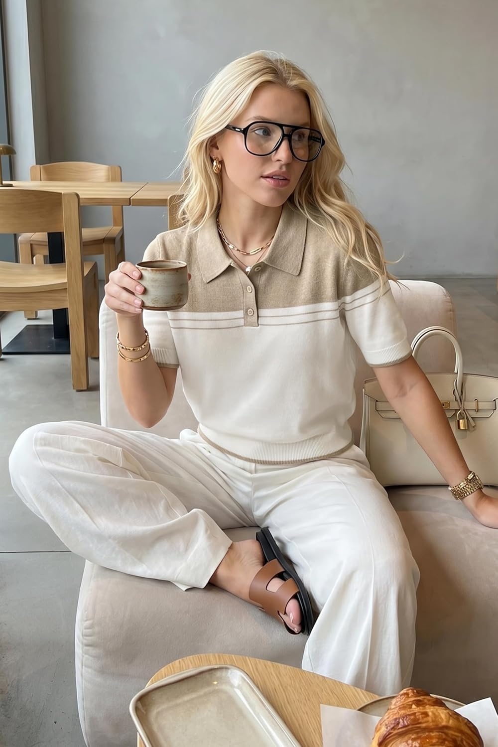 imageArachampCloz Womens Wool Blend Summer Short Sleeve Cropped Color Block Polo Collar Business Casual Pullover Sweater 2026White Oatmeal