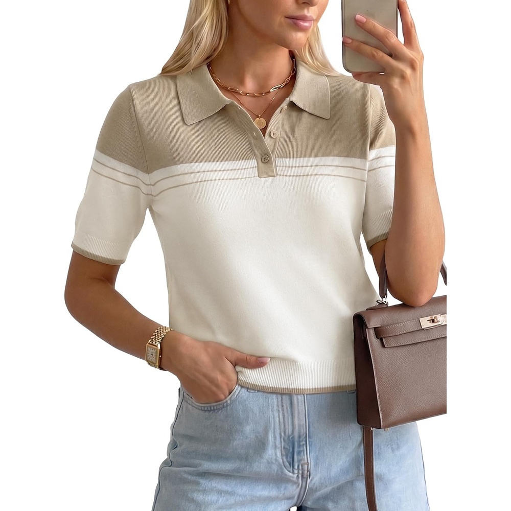 imageArachampCloz Womens Wool Blend Summer Short Sleeve Cropped Color Block Polo Collar Business Casual Pullover Sweater 2026White Oatmeal