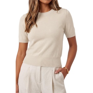 Arach&Cloz Women’s 100% Cotton Short Sleeve Sweater Cropped Crew Neck Business Casual Tops Summer 2026(Apricot)