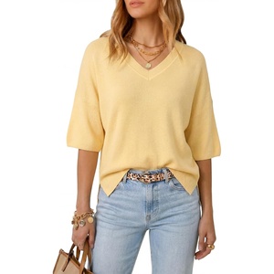 Arach&Cloz Women’s Wool Blend Elbow Sleeve Summer Oversized Casual Sweater(Cream Yellow)