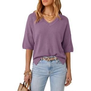 Arach&Cloz Women’s Wool Blend Elbow Sleeve Summer Oversized Casual Sweater(Lavender)