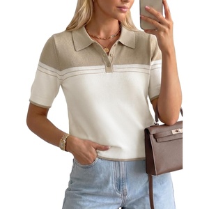 Arach&Cloz Women’s Wool Blend Summer Short Sleeve Cropped Color Block Polo Collar Business Casual Pullover Sweater 2026(White Oatmeal)