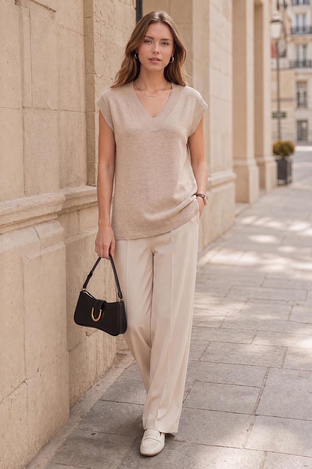 imageArachampCloz Womens Wool Blend Relaxed Fit Sleeveless Sweater Vest V Neck Office Work Casual Tops 2026Apricot