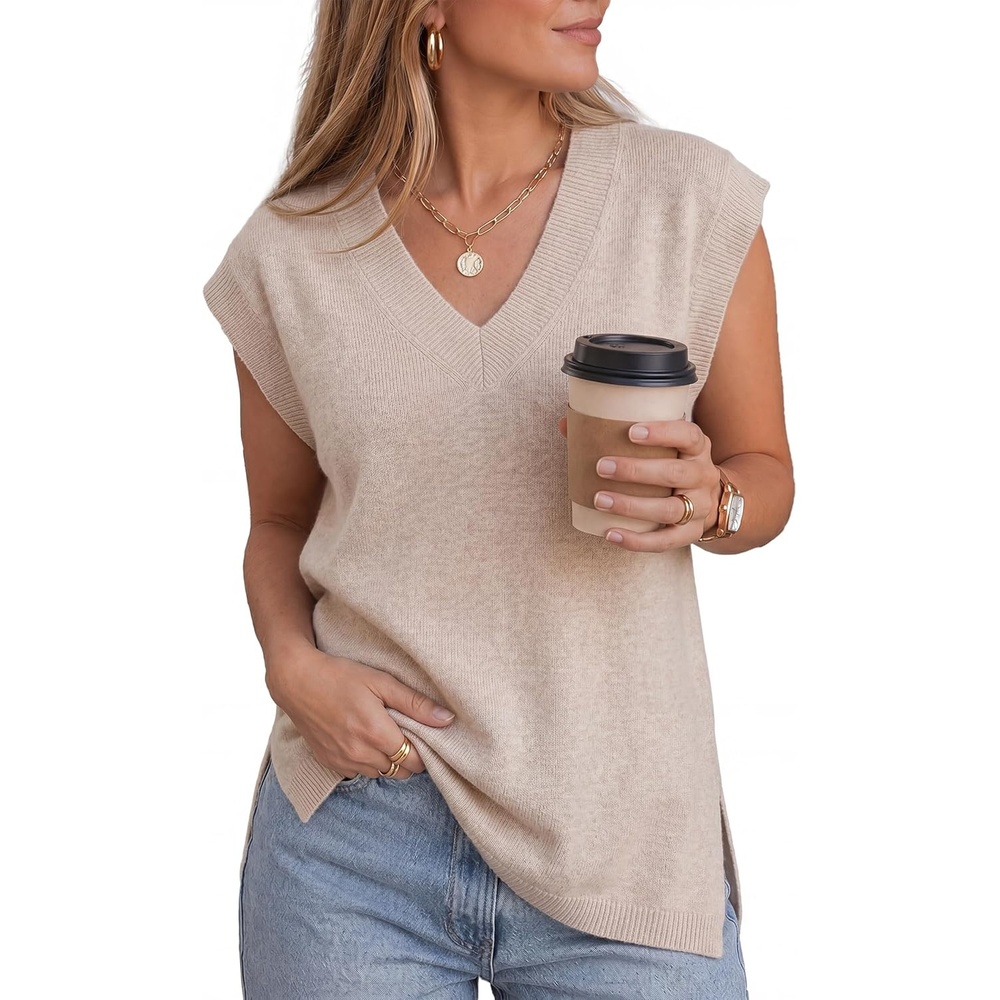 imageArachampCloz Womens Wool Blend Relaxed Fit Sleeveless Sweater Vest V Neck Office Work Casual Tops 2026Apricot