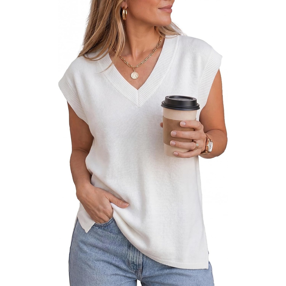 imageArachampCloz Womens Wool Blend Relaxed Fit Sleeveless Sweater Vest V Neck Office Work Casual Tops 2026White
