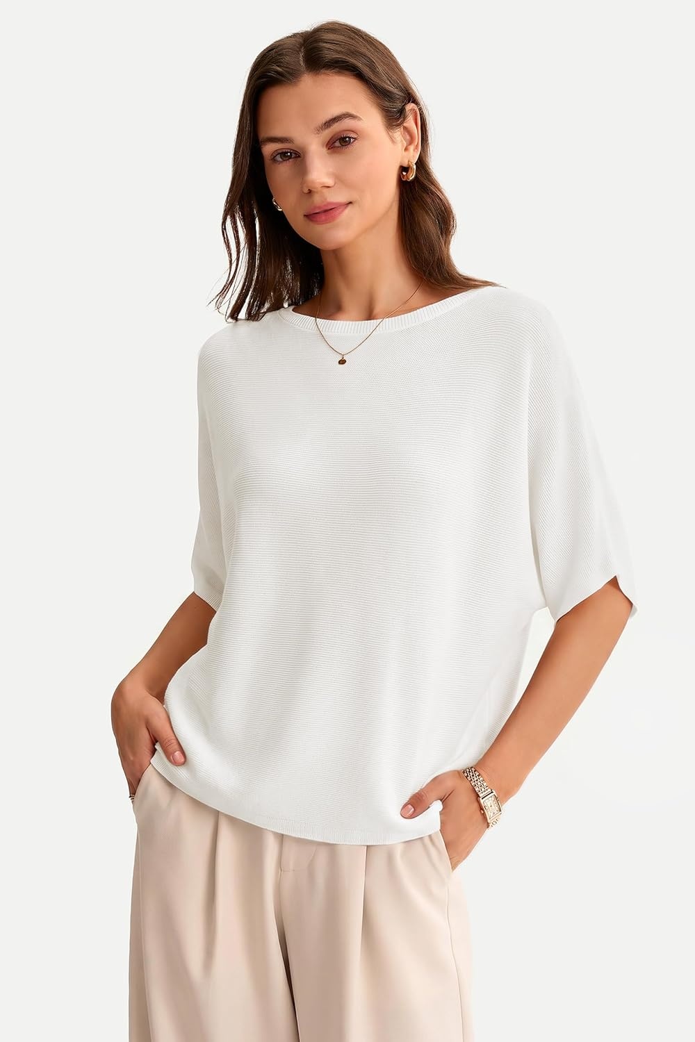 image:imageArachampCloz Womens 100 Cotton Oversized Sweater Batwing Sleeve Boat Neck Casual Work Pullover Tops 2026Beige