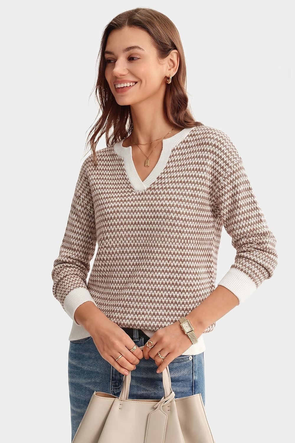 image:imageArachampCloz Womens 100 Cotton Polo V Neck Striped Long Sleeve Fall Casual Pullover Sweaters Trendy 2026Caramel