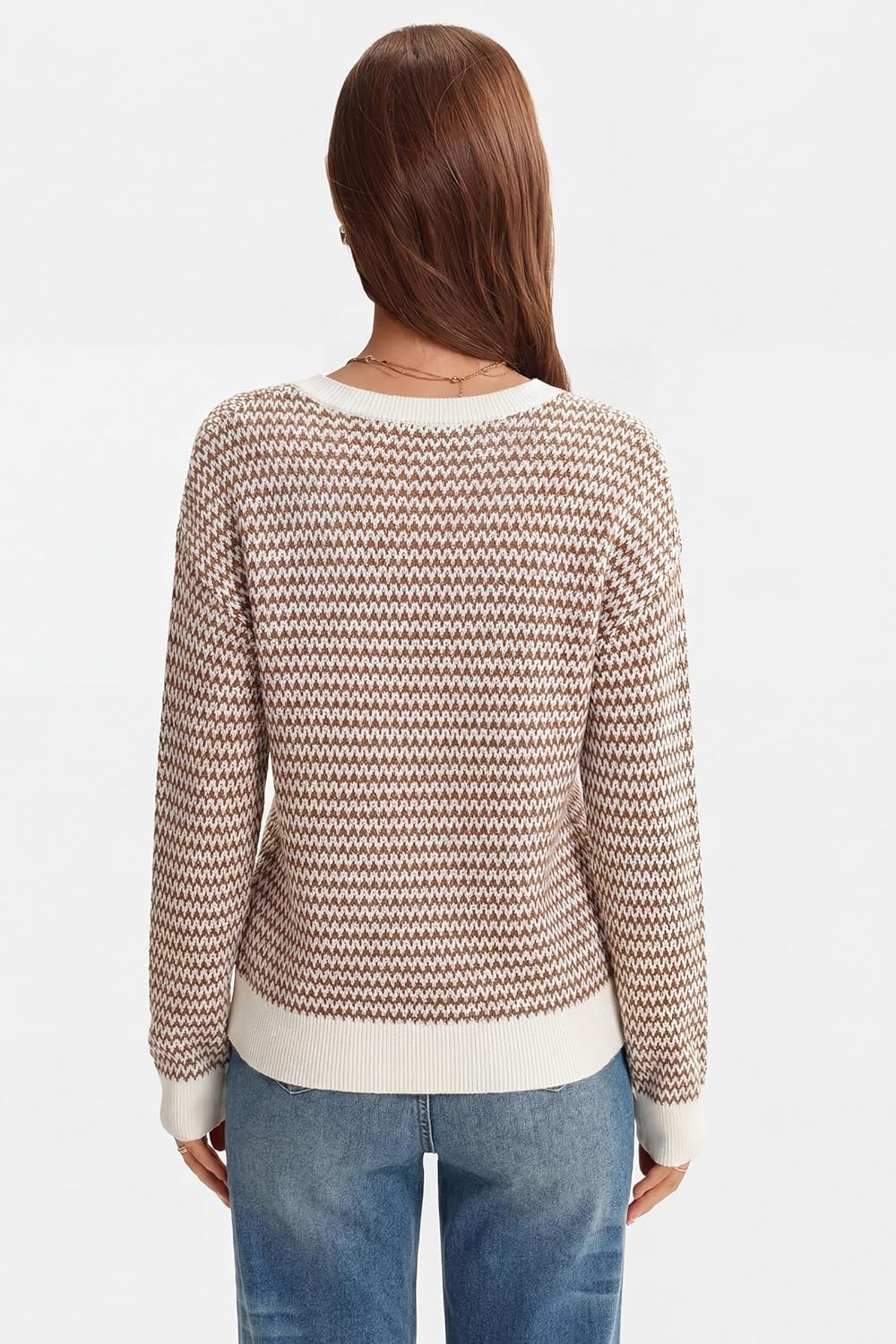 image:imageArachampCloz Womens 100 Cotton Polo V Neck Striped Long Sleeve Fall Casual Pullover Sweaters Trendy 2026Caramel