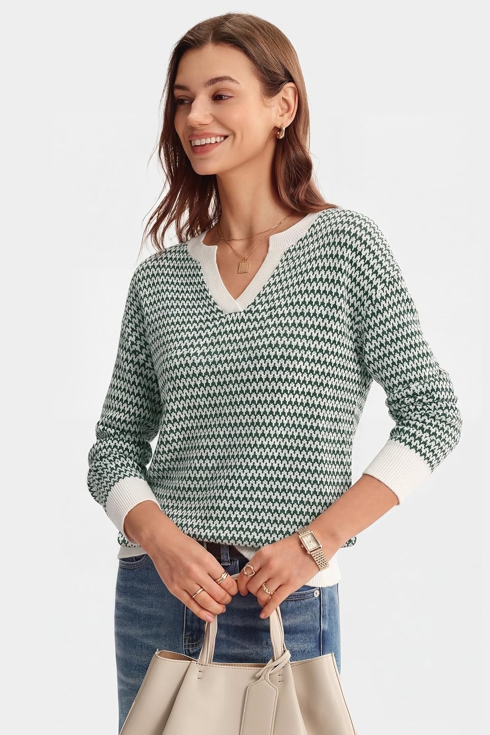 image:imageArachampCloz Womens 100 Cotton Polo V Neck Striped Long Sleeve Fall Casual Pullover Sweaters Trendy 2026Green