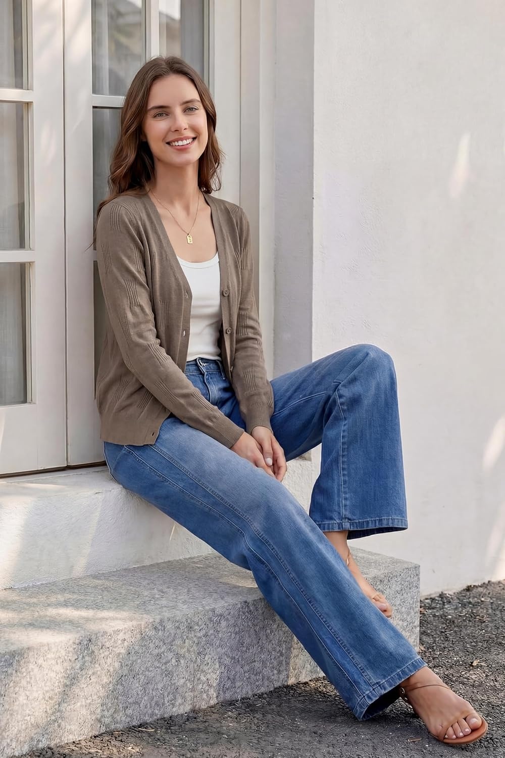image:imageArachampCloz Womens 100 Cotton Regular Fit V Neck Button Up Cardigan Sweaters All Season Work TopsAcoffee