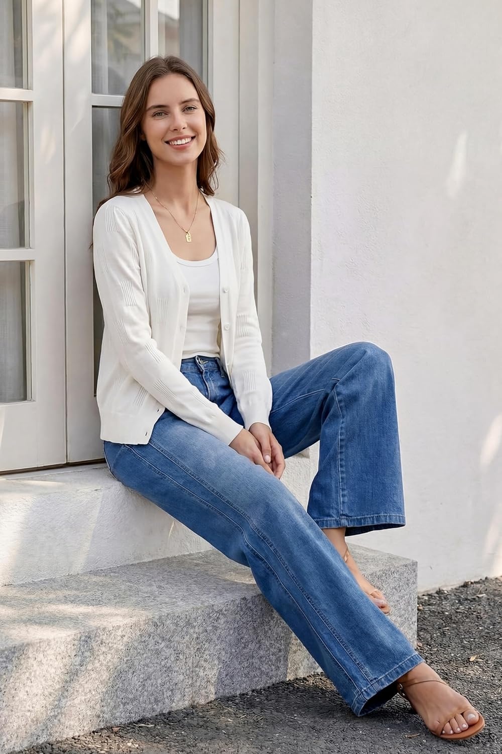image:imageArachampCloz Womens 100 Cotton Regular Fit V Neck Button Up Cardigan Sweaters All Season Work TopsAwhite