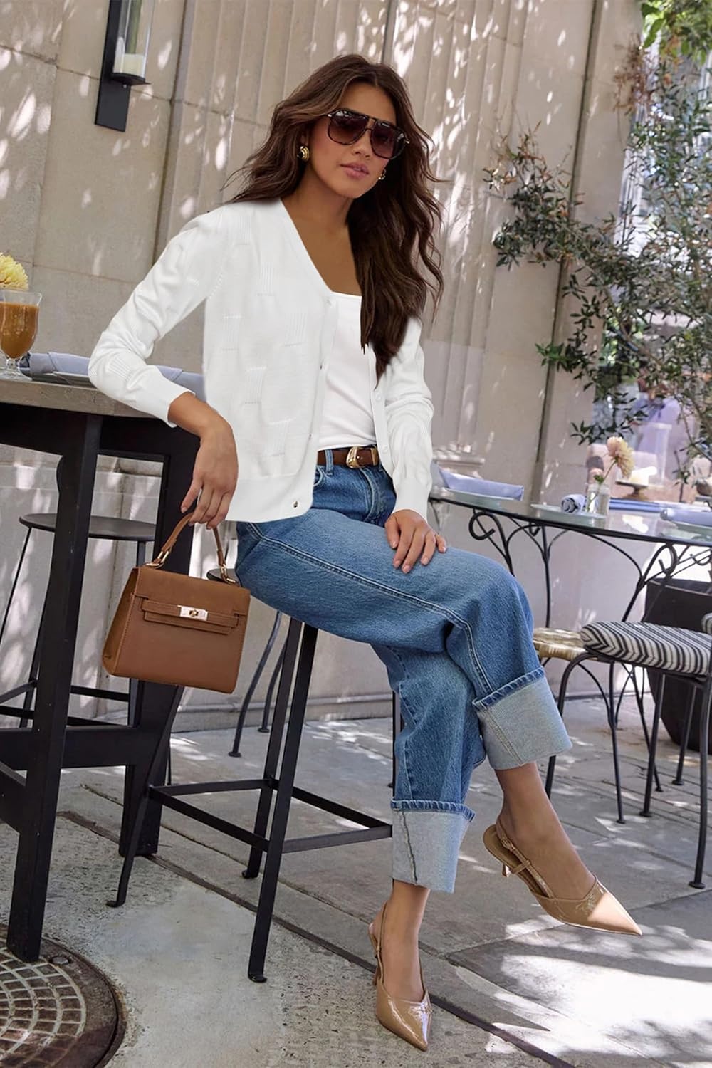 image:imageArachampCloz Womens 100 Cotton Regular Fit V Neck Button Up Cardigan Sweaters All Season Work TopsAwhite