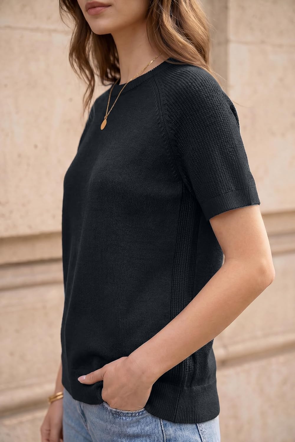 image:imageArachampCloz Womens 100 Cotton Textured Raglan Short Sleeve Sweater Casual Work Tops 2026Black