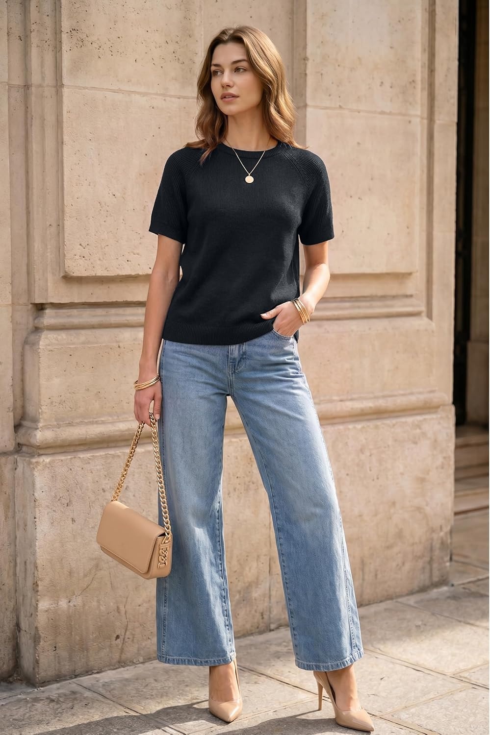 image:imageArachampCloz Womens 100 Cotton Textured Raglan Short Sleeve Sweater Casual Work Tops 2026Black