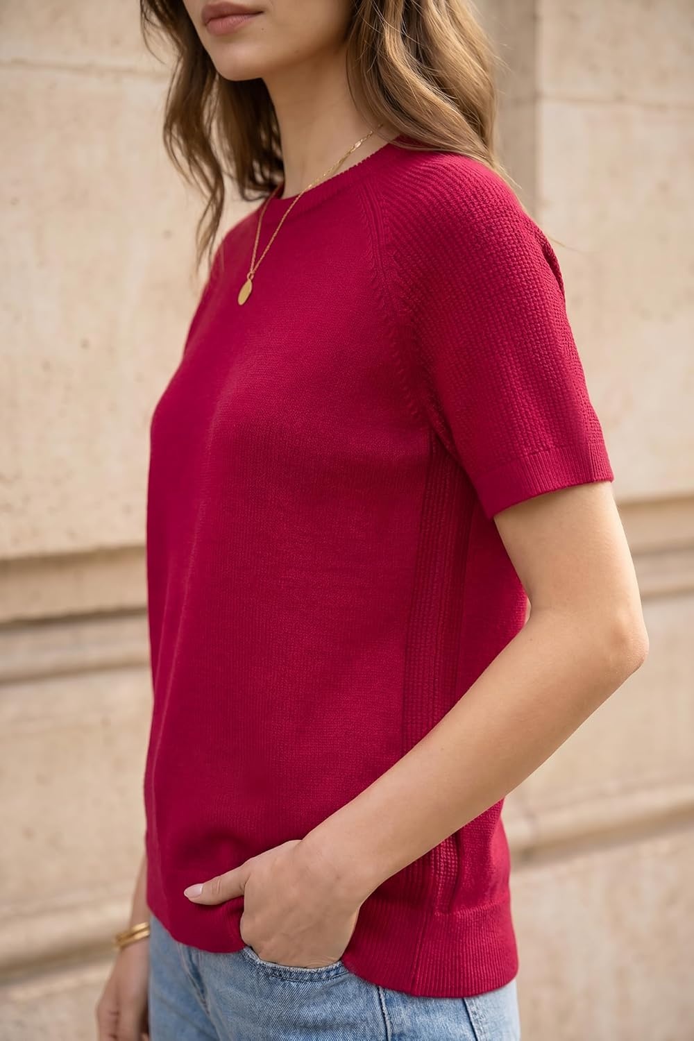 image:imageArachampCloz Womens 100 Cotton Textured Raglan Short Sleeve Sweater Casual Work Tops 2026Burgundy