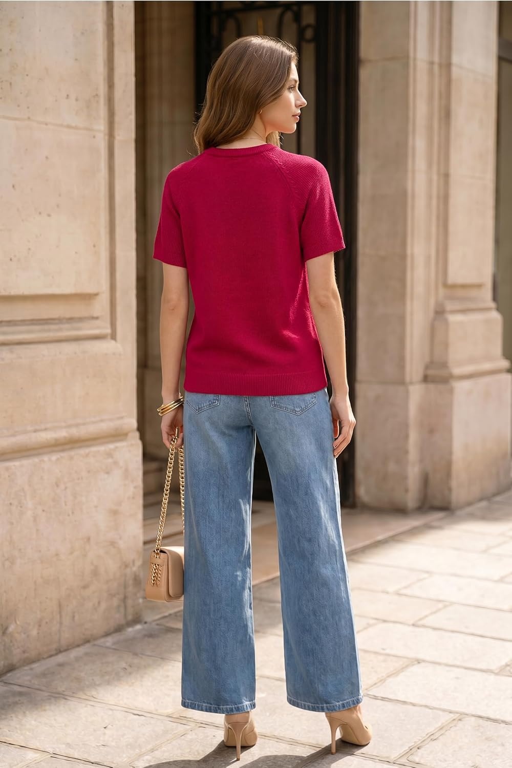 image:imageArachampCloz Womens 100 Cotton Textured Raglan Short Sleeve Sweater Casual Work Tops 2026Burgundy