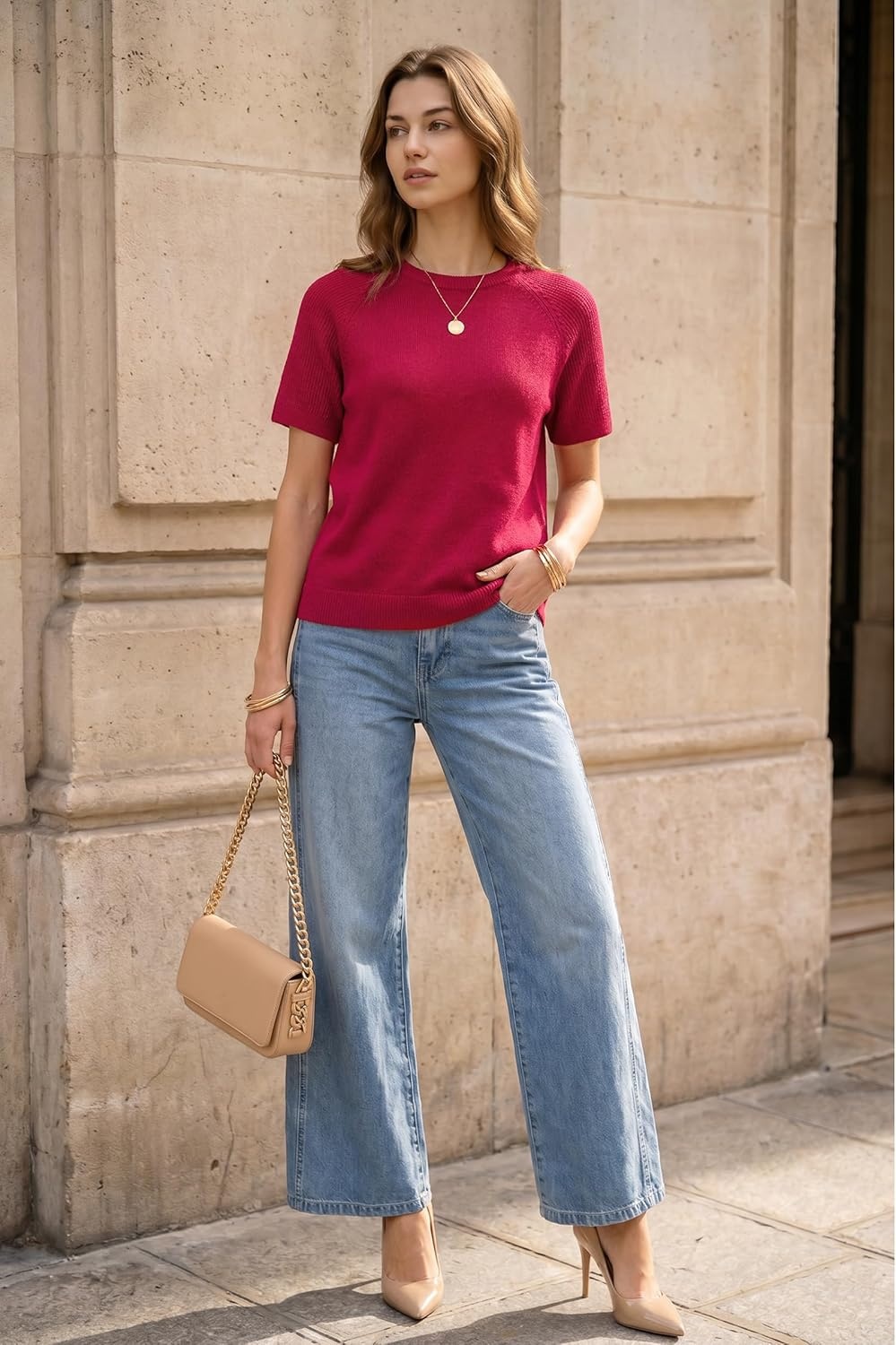 image:imageArachampCloz Womens 100 Cotton Textured Raglan Short Sleeve Sweater Casual Work Tops 2026Burgundy