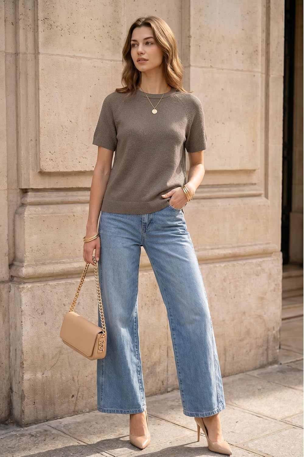 image:imageArachampCloz Womens 100 Cotton Textured Raglan Short Sleeve Sweater Casual Work Tops 2026Coffee