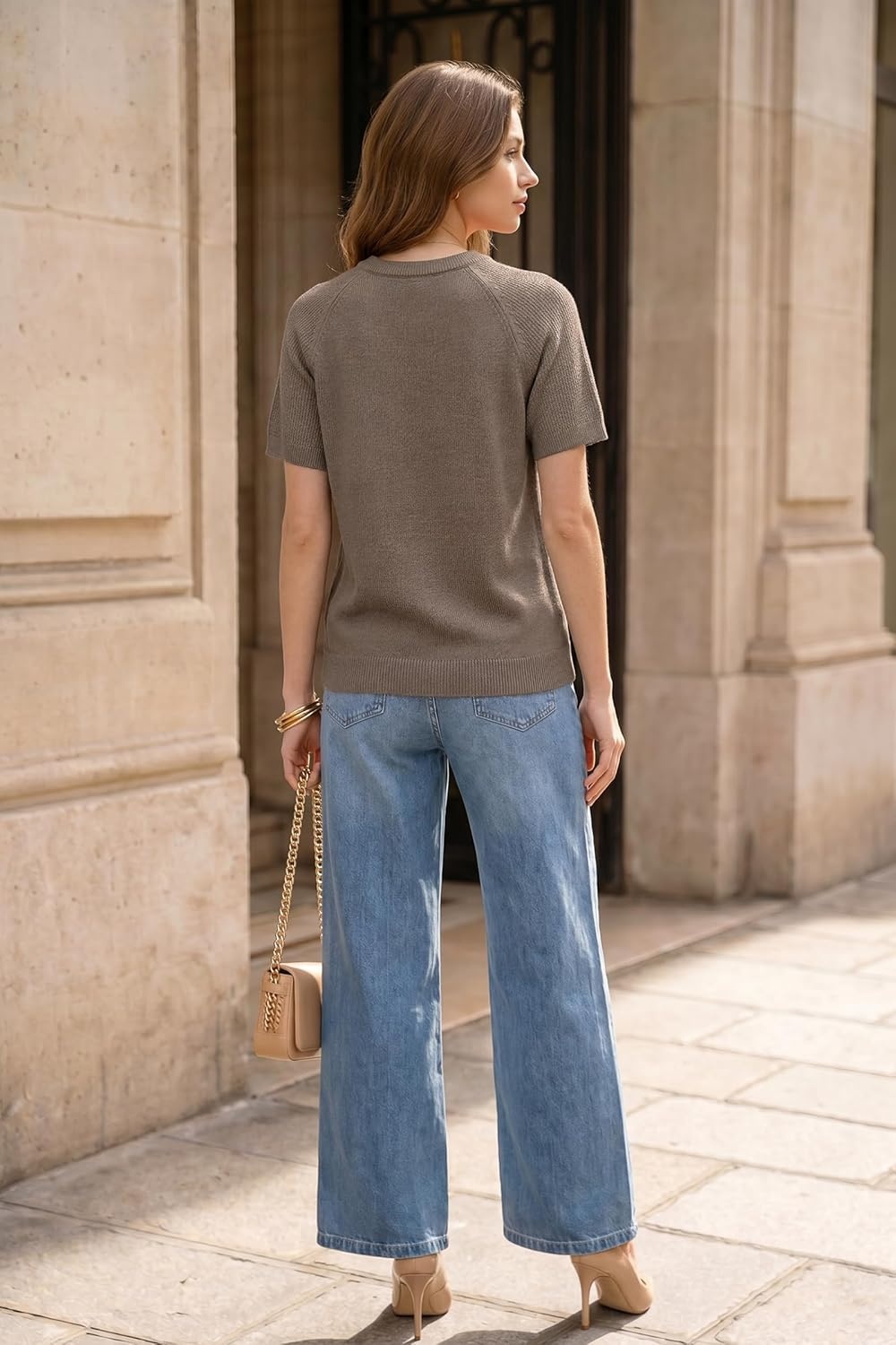image:imageArachampCloz Womens 100 Cotton Textured Raglan Short Sleeve Sweater Casual Work Tops 2026Coffee