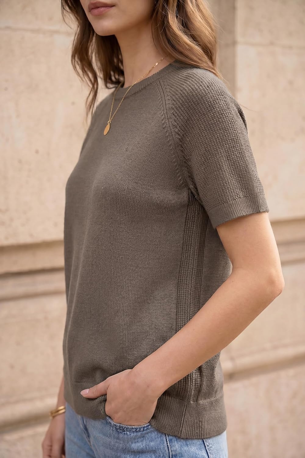 image:imageArachampCloz Womens 100 Cotton Textured Raglan Short Sleeve Sweater Casual Work Tops 2026Coffee