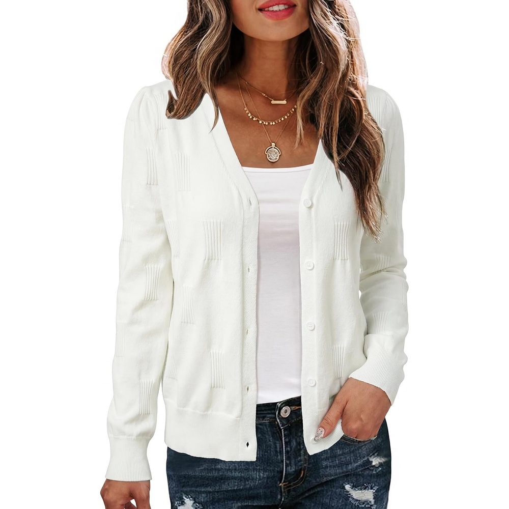 image:imageArachampCloz Womens 100 Cotton Regular Fit V Neck Button Up Cardigan Sweaters All Season Work TopsAwhite