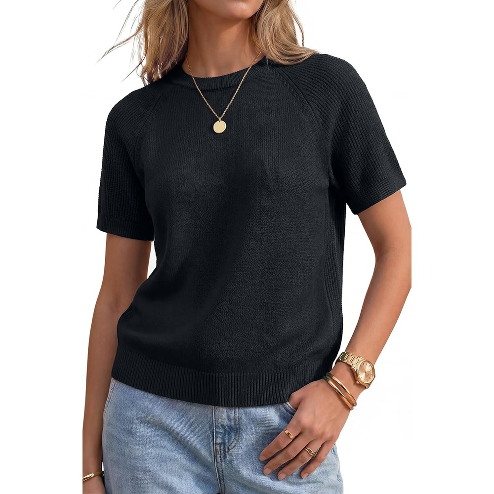 image:imageArachampCloz Womens 100 Cotton Textured Raglan Short Sleeve Sweater Casual Work Tops 2026Black