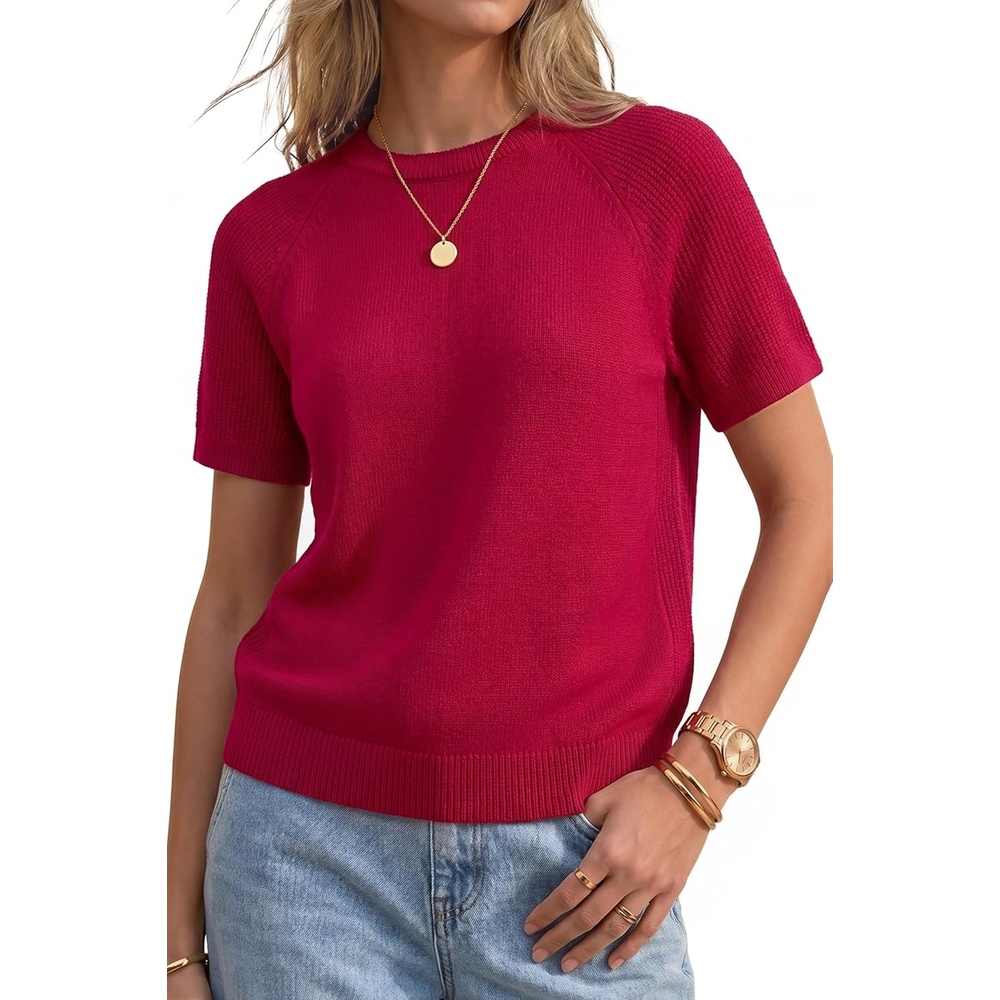 image:imageArachampCloz Womens 100 Cotton Textured Raglan Short Sleeve Sweater Casual Work Tops 2026Burgundy