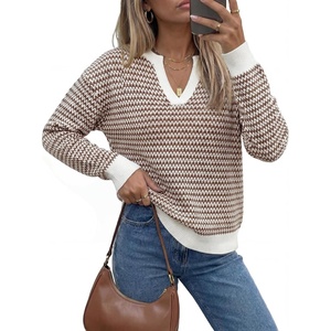 Arach&Cloz Women’s 100% Cotton Polo V Neck Striped Long Sleeve Fall Casual Pullover Sweaters Trendy 2026(Brown)