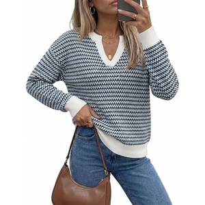 Arach&Cloz Women’s 100% Cotton Polo V Neck Striped Long Sleeve Fall Casual Pullover Sweaters Trendy 2026(Navy)