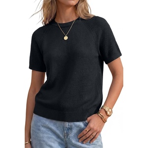 Arach&Cloz Women’s 100% Cotton Textured Raglan Short Sleeve Sweater Casual Work Tops 2026(Black)