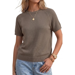 Arach&Cloz Women’s 100% Cotton Textured Raglan Short Sleeve Sweater Casual Work Tops 2026(Coffee)