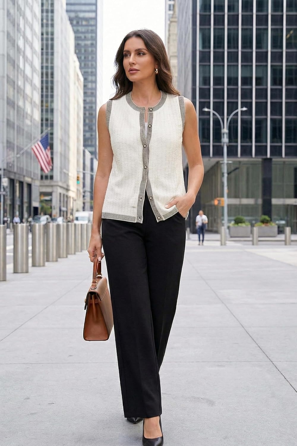 image:imageArachampCloz Womens 100 Cotton Crewneck Business Casual Contrast Trim Button Front Sweater Vests 2026Beige