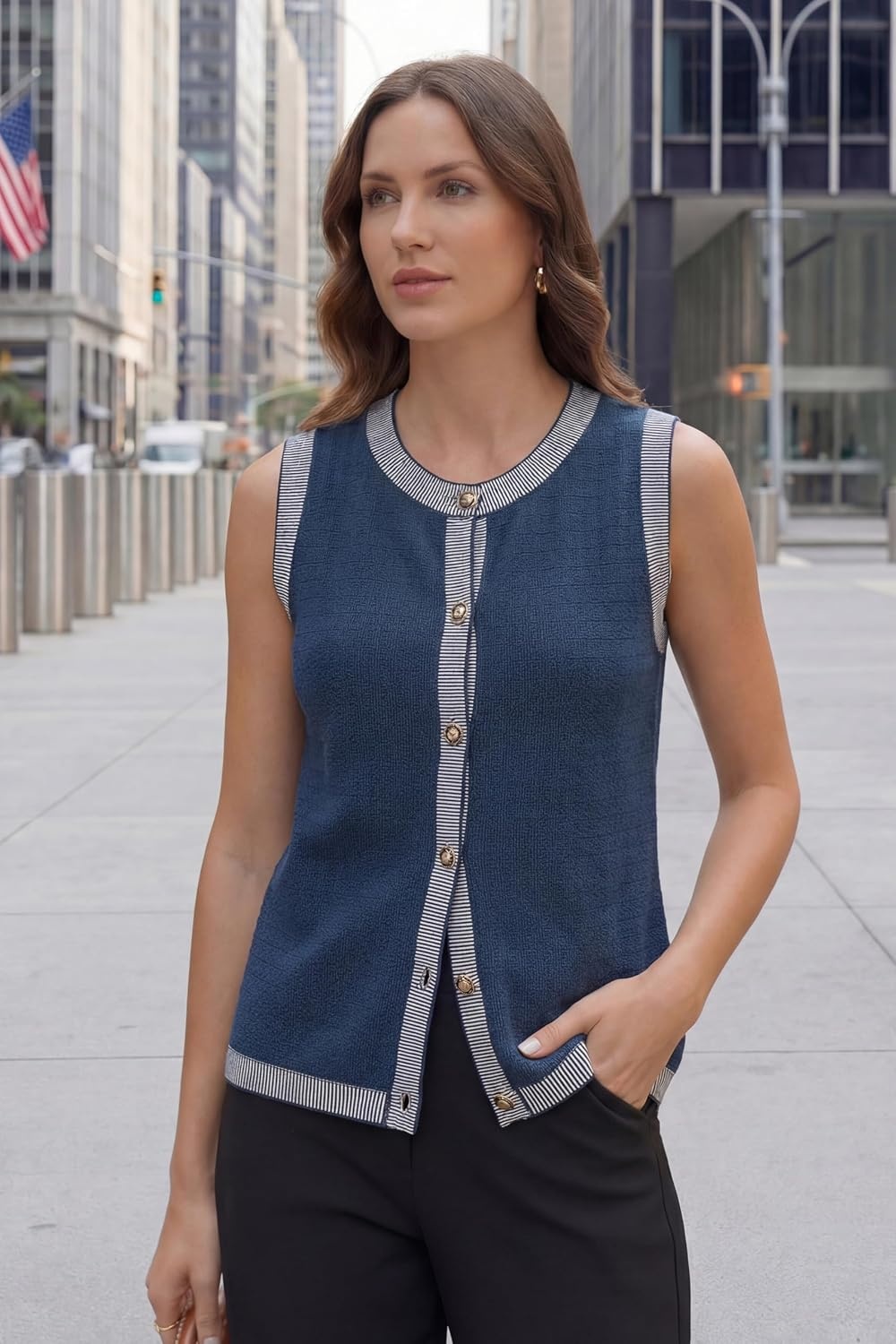 image:imageArachampCloz Womens 100 Cotton Crewneck Business Casual Contrast Trim Button Front Sweater Vests 2026Navy