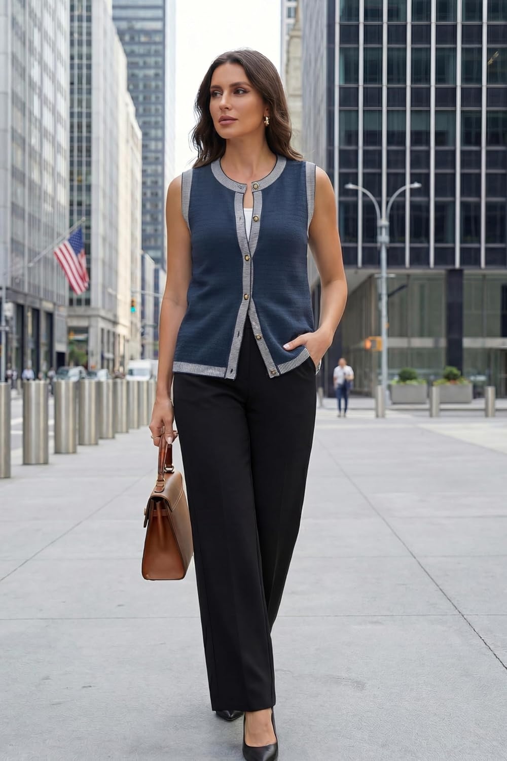 image:imageArachampCloz Womens 100 Cotton Crewneck Business Casual Contrast Trim Button Front Sweater Vests 2026Navy