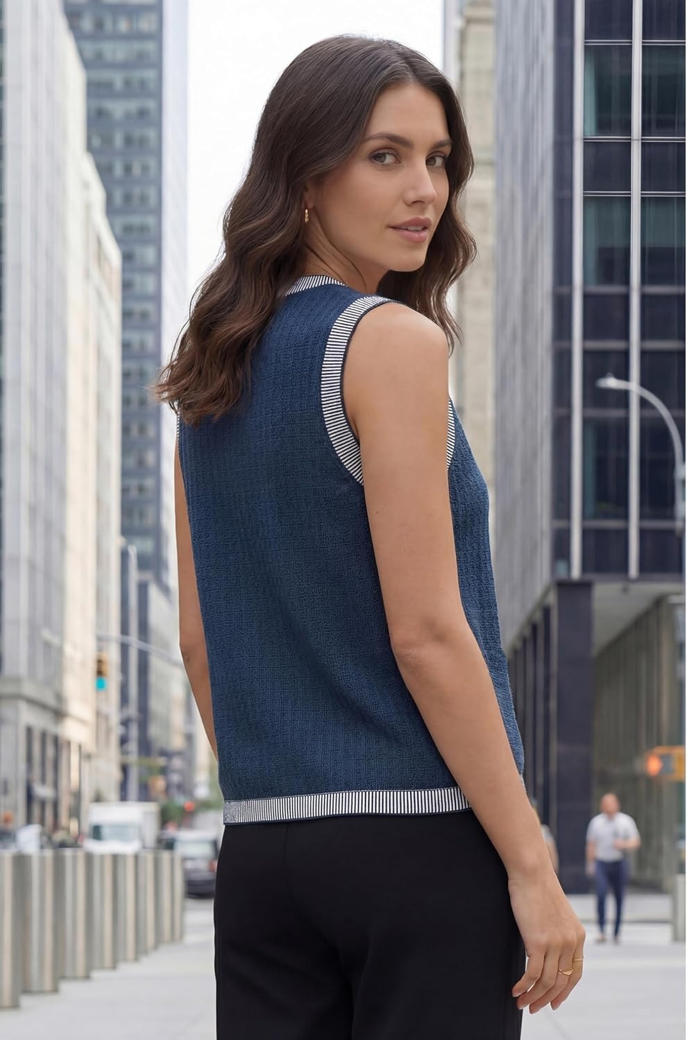 image:imageArachampCloz Womens 100 Cotton Crewneck Business Casual Contrast Trim Button Front Sweater Vests 2026Navy