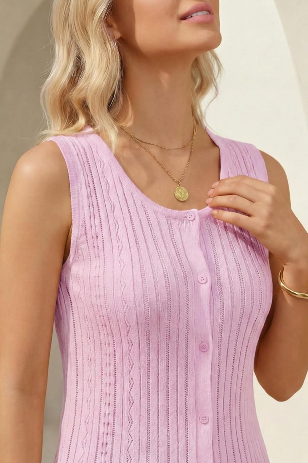 image:imageArachampCloz Womens 100 Cotton Sleeveless Tank Tops Sweater Vest Ruffle Beach Resort Cruise Wear Trendy Summer 2026Pink