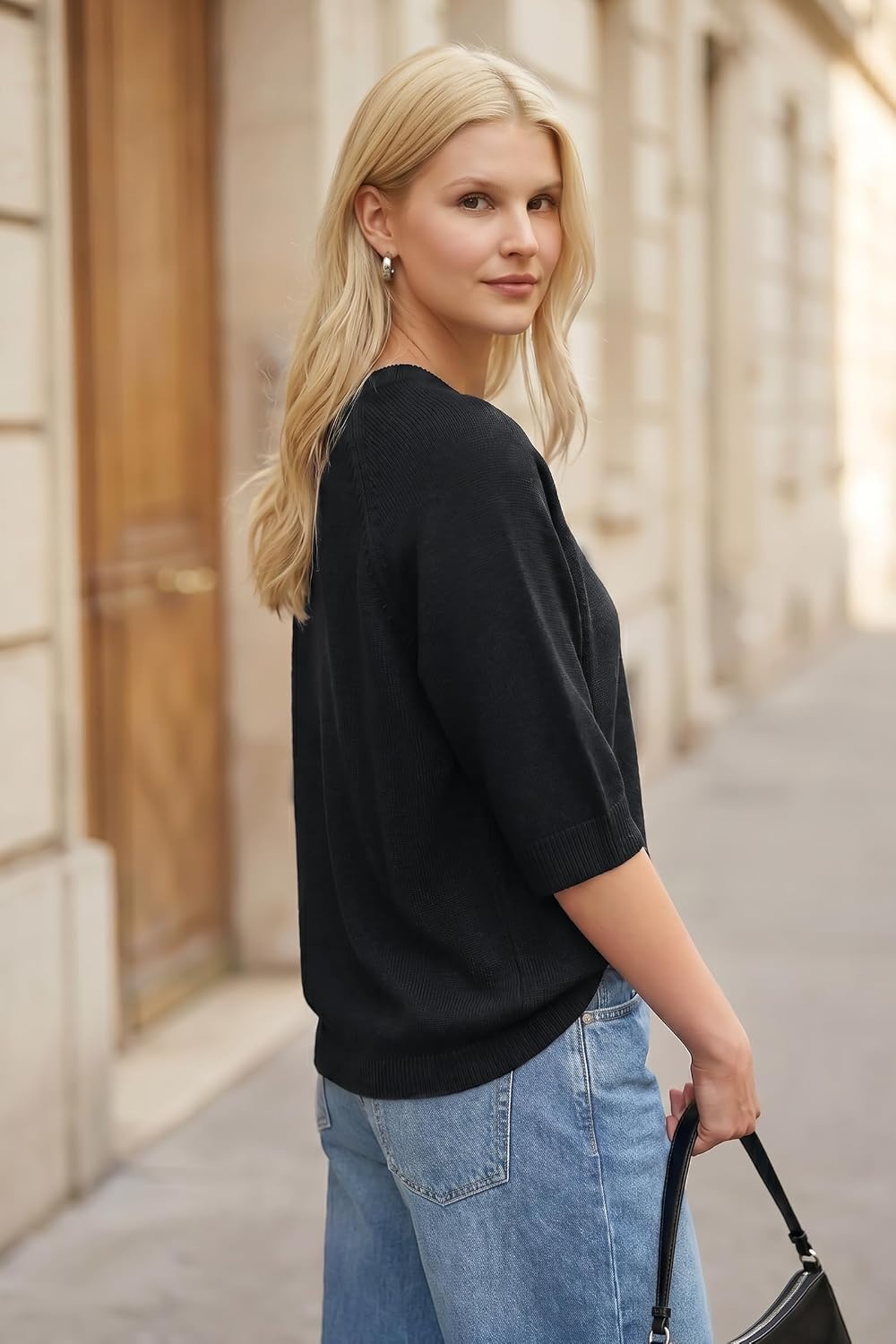 image:imageArachampCloz Womens Cashmere Wool Elbow Sleeve Sweater Relaxed Fit Work Tops Summer 2026Black