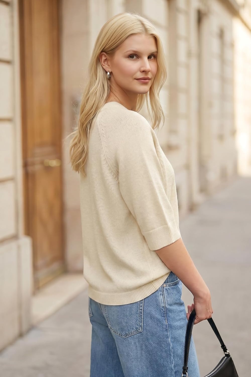 image:imageArachampCloz Womens Cashmere Wool Elbow Sleeve Sweater Relaxed Fit Work Tops Summer 2026Cream
