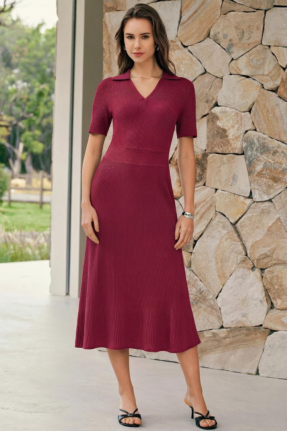 image:imageArachampCloz Womens Lyocell Blend Polo V Neck Spring Summer Work Short Sleeve A Line Midi Dress 2026Burgundy Red