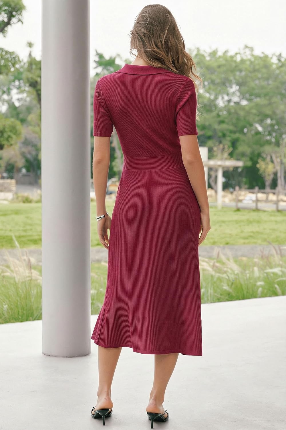 image:imageArachampCloz Womens Lyocell Blend Polo V Neck Spring Summer Work Short Sleeve A Line Midi Dress 2026Burgundy Red