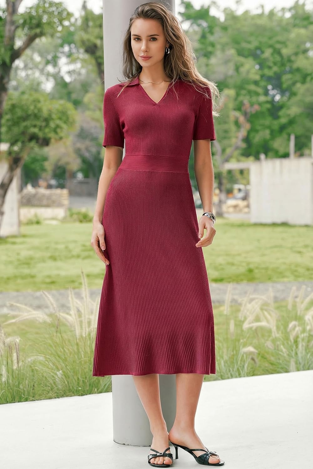 image:imageArachampCloz Womens Lyocell Blend Polo V Neck Spring Summer Work Short Sleeve A Line Midi Dress 2026Burgundy Red