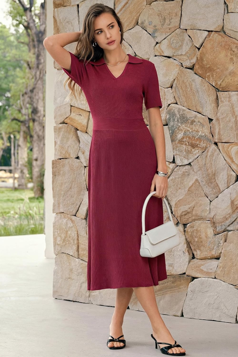 image:imageArachampCloz Womens Lyocell Blend Polo V Neck Spring Summer Work Short Sleeve A Line Midi Dress 2026Burgundy Red