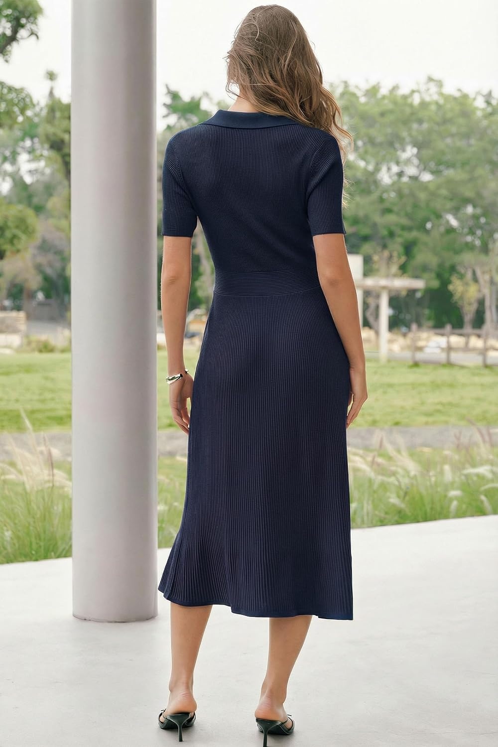image:imageArachampCloz Womens Lyocell Blend Polo V Neck Spring Summer Work Short Sleeve A Line Midi Dress 2026Navy Blue