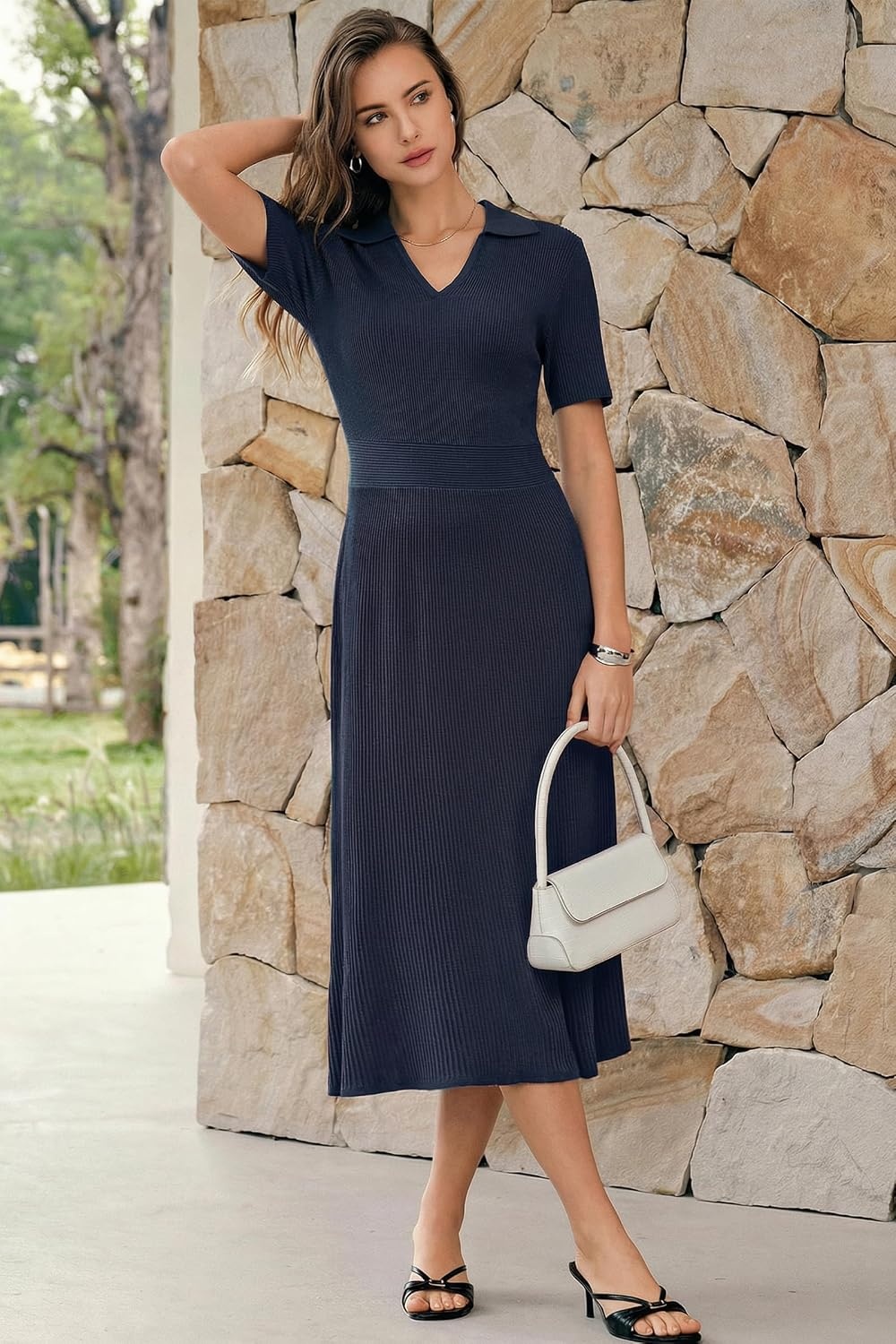 image:imageArachampCloz Womens Lyocell Blend Polo V Neck Spring Summer Work Short Sleeve A Line Midi Dress 2026Navy Blue